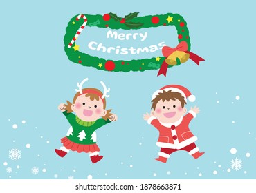 Kids in Christmas costumes, Christmas vector card illustration