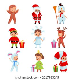 Kids in christmas costumes. Xmas cartoon children, new year holiday characters, animals and fairy-tale heroes, santa, deer and elf. Gingerbread cookie, festive tree and snowman vector set