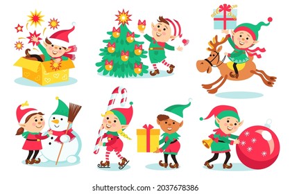 Kids christmas elves. Children in holiday costumes