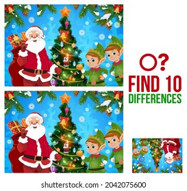 Kids Christmas find ten differences game with Santa, elfs and decorated Christmas tree cartoon vector. Children winter holiday activity, educational riddle or puzzle with comparing details task