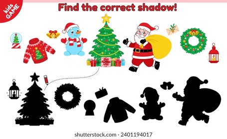 Kids Christmas game. Find the correct shadow. Educational puzzle for children. Cartoon Santa Claus, snowman, Xmas tree with gifts, New Year wreath, holiday winter ugly sweater. Activity book. Vector.