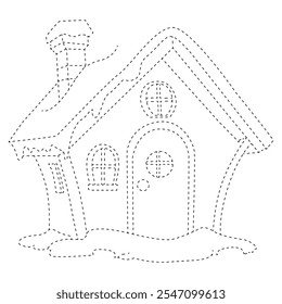 Kids Christmas house Tracing line, Trace and color, Handwriting practice worksheet for kids education. Writing and coloring page for children. Vector Christmas cookies. Black and white kids book, 