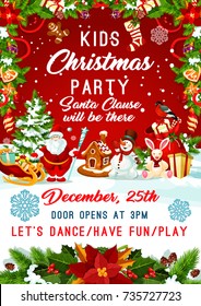 Kids Christmas party invitation poster template for New Year winter holiday December party celebration. Vector design of Santa gifts bag, Christmas tree and golden decoration with snowflakes