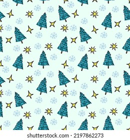 Kids Christmas seamless pattern with blue fir trees and yellow stars. Xmas simple texture. Christmas pattern. Christmas trees. Wrapping paper.