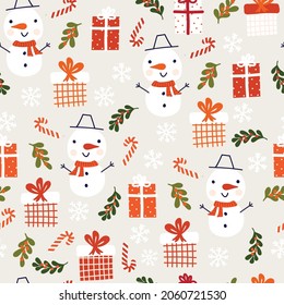 Kids Christmas Snowman gift box seamless vector pattern. Cute winter holiday background snowmen, snowflakes, presents. Repeating pattern flat Scandinavian style for fabric, wrapping, gift wrap.