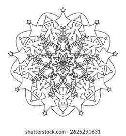 Kids Christmas themed coloring book page mandala design featuring candy canes, tree, gingerbread man and gifts. Simple outline on vector file eps 10