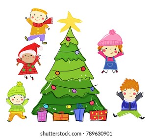 Kids On Christmas Vector Cartoon Characters Stock Vector (Royalty Free ...