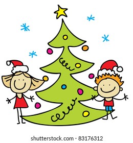 Kids  And Christmas Tree