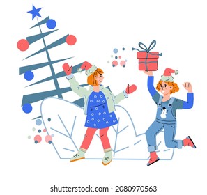 Kids with Christmas tree and gifts, flat cartoon vector illustration isolated on white background. Happy children celebrate Christmas and New Year holidays.