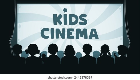 Kids cinema, children movie theater silhouette. Vector banner features excited little viewers captivated by screen, rear view, creating a magical atmosphere in the enchanting world of cinematography