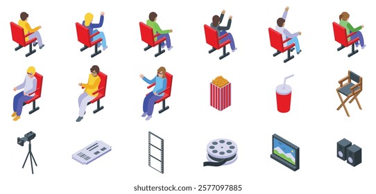 Kids cinema icons set. Cinema isometric icons showing people watching movie, eating popcorn and drinking soda, director chair and movie production elements