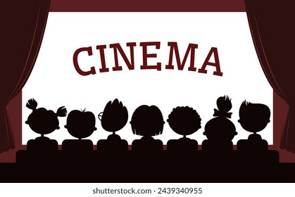 Kids cinema, movie theater children silhouettes. Vector banner with little viewers entranced by a glowing screen, creating a magical atmosphere in the enchanting world of cinematography, rear view