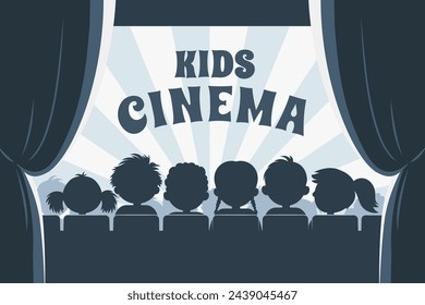 Kids cinema silhouette, children movie theater. Vector banner with whimsical shadows against vibrant screen, enchanting little viewers in magical haven of animated wonders, creating timeless memories