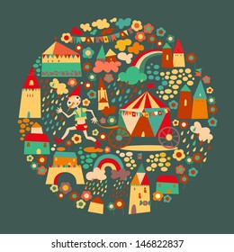 Kids circle dark background. Multicolored houses.