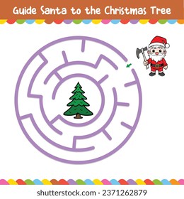 Kids Circular Maze Guide Santa to the Christmas tree