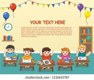 Kids Classroom. Illustration of Happy students studying in classroom. Back to School. Template for advertising brochure.