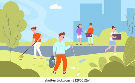 Kids clean park. Kid cleaning forest plant from city garbage, school children volunteer community, recycling green environment, cleanup nature rubbish, vector illustration. Clean park by children