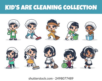 Kids are cleaning character vector illustration set