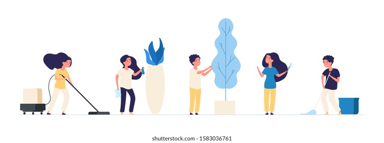 Kids cleaning. Children cleaners housework vacuuming sweep household equipment vector characters