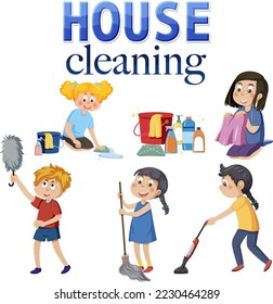 Kids cleaning at home set illustration
