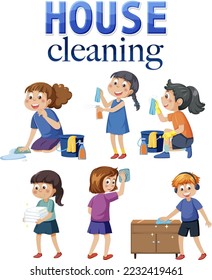 Kids cleaning at home set illustration
