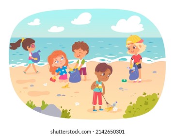 Kids Cleaning Ocean Or Sea Beach From Trash And Garbage Vector Illustration. Cartoon Cute Children Volunteers Helping To Clean Dirty Nature, Picking Rubbish Into Bags. Environmental Awareness Concept