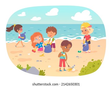 Kids cleaning ocean or sea beach from trash and garbage vector illustration. Cartoon cute children volunteers helping to clean dirty nature, picking rubbish into bags. Environmental awareness concept