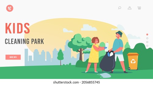 Plantilla de la página de aterrizaje del parque de limpieza infantil. Los personajes de niñita y niña recogen basura en saco de basura y reciclan basura en el jardín. Concepto de Protección Ecológica. Ilustración del vector de dibujos animados