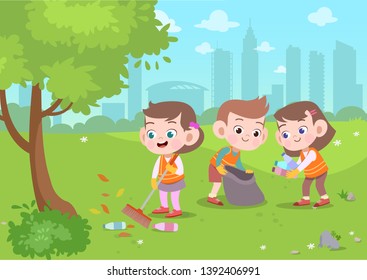 Kids Cleaning Park Vector Illustration