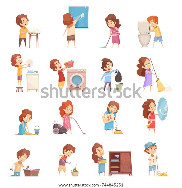 Kids cleaning retro cartoon icons set with children\
vacuum sweeping washing dishes feeding pets isolated vector\
illustration 