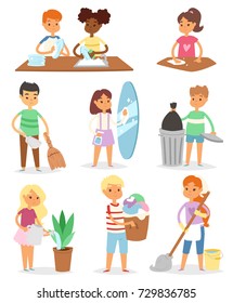 Kids cleaning rooms and helping their mums housework cartoon characters clean up vector illustration colorful set with