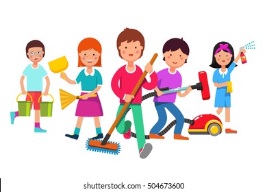 Kids cleaning team doing household chores. Boys and girls cleaners working with mop, broom, vacuum, water buckets. Walking towards viewer. Colorful flat style cartoon vector illustration.