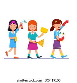 Kids cleaning team doing household chores. Inspired girls cleaners walking in row line with brooms and detergents. Colorful flat style cartoon vector illustration.