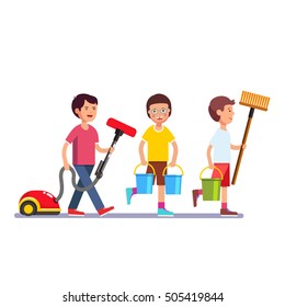 Kids cleaning team doing household chores. Inspired boys and girls cleaners walking in row line with vacuum, brooms and water bucket. Colorful flat style cartoon vector illustration.