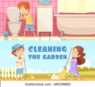 Kids cleaning toilet bowl in bathroom and helping in garden 2 horizontal cartoon banners isolated vector illustration 