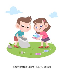 Kids Cleaning Trash Vector Illustration