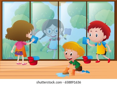 Kids Cleaning Windows At Home