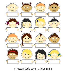 Kids with clear nameplates set vector illustration. Portraits with smile and various hairstyle