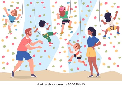 Kids climbing. Child training in bouldering gym, mountaineering extreme youth sport climb high cliff wall grips safety rope, courage challenge kid game, classy vector illustration of sport training