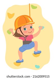 Kids climbing. Children sport activity. Teenagers clambering sheer artificial rocks. Girl clinging to mountain ledges. Extreme hobby. Mountaineering training. Vector