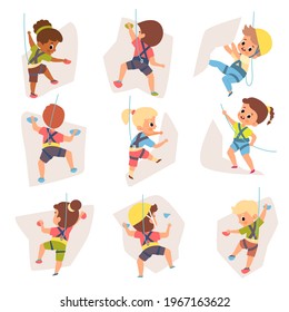 Kids climbing. Happy equipped children crawling up wall with colored ledges, young rock climbers engaged extreme mountaineering. Boys and girls hanging on playground vector cartoon set
