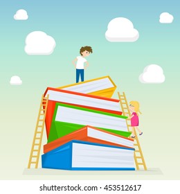 Kids climbing on stairs to the large stack of books. Illustration of kids education. Vector illustration