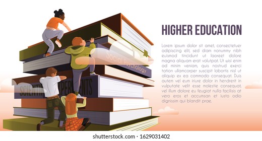 Kids Climbing Over Books To Achieve A Higher Education Concept Vector Illustration 