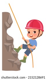 Kids Climbing Rock. Children Sport Activity. Teenager Clambering Cliff With Mountaineering Equipment. Extreme Hiking Tourism. Active Hobby. Mountaineer With Rope Or