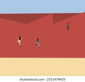 Kids climbing rock wall outdoor at playground. Enjoying with friend on summer holiday vacation. Minimal art design.