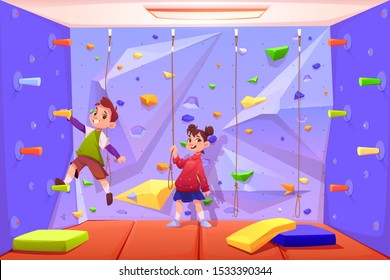 Kids Climbing Wall, Boy And Girl Playing In Recreation Area For Children Or Playing Room With Ropes For Rock Scaling Activity In Amusement Park Or Playground. Game Leisure. Cartoon Vector Illustration
