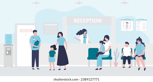 Kids clinic reception, hospital hall. Various children patients with parents and medical staff in the lobby of medical clinic. People talk to doctors and nurses. Corridor interior. vector illustration