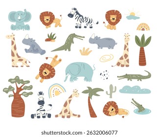 Kids clip art set with adorable African animals perfect for nursery decor. Includes lions, elephants, zebras, and more, ideal for an engaging safari theme.
