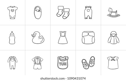 Kids clothes and accessories hand drawn outline doodle icon set for print, web, mobile and infographics. Infant newborn baby theme vector sketch illustration set isolated on white background.