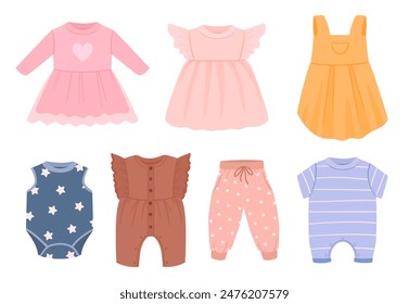 Ropa para niños. Dibujos animados pantalones pequeños lindos, monos y vestidos, niños y niñas prendas informales conjunto de Ilustración vectorial plana. Ropa moderna para niños